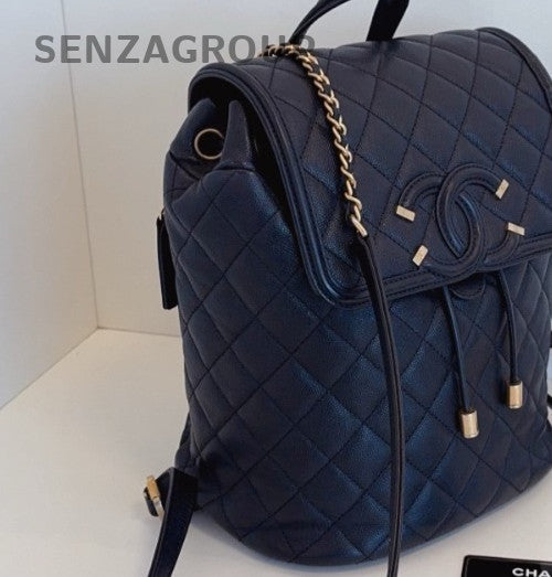 Chanel Vanity Case CC Logo Calfskin Chain Backpack Black Gold Women Classic