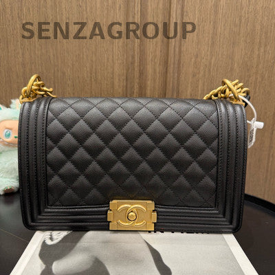 Chanel Le Boy Black Caviar Medium Quilted Chain Shoulder Bag