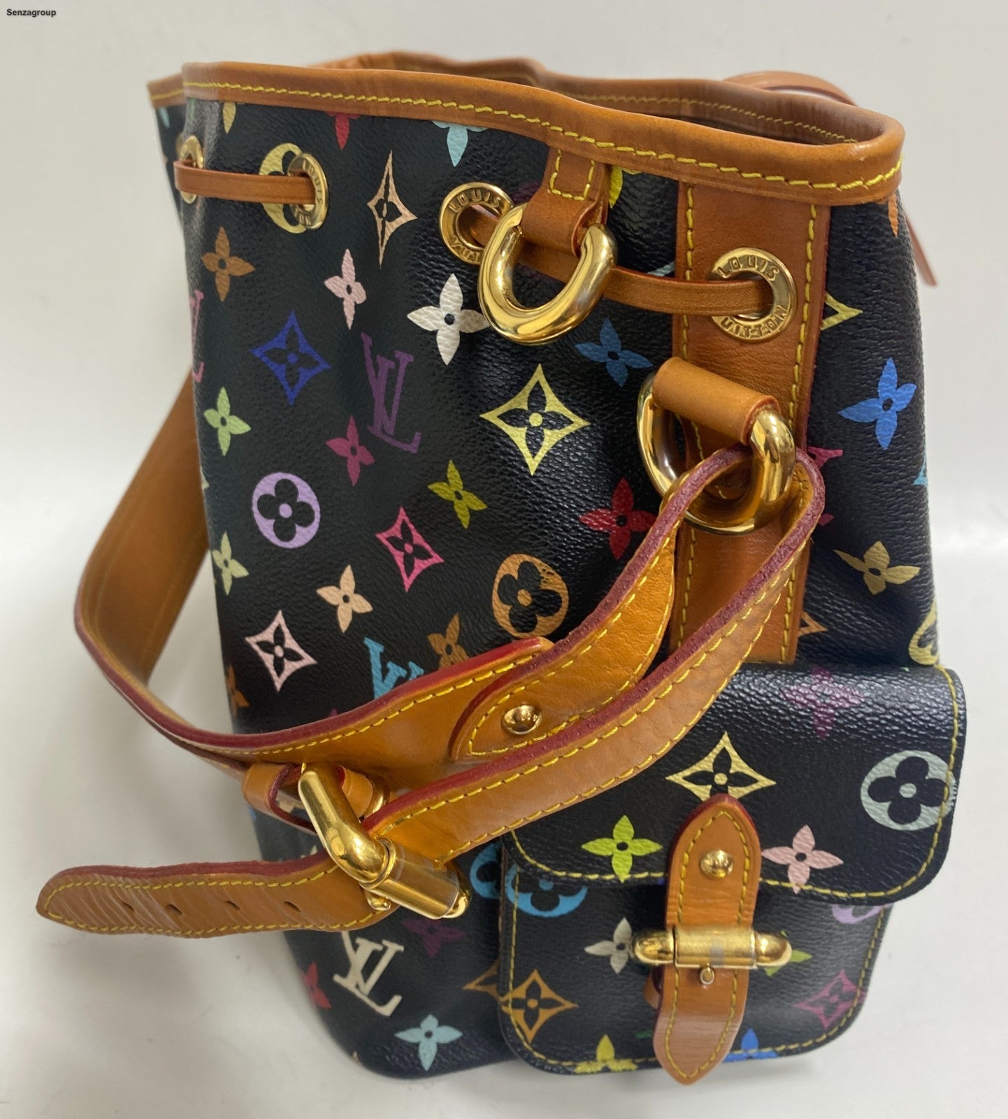 Louis Vuitton Monogram Black Multicolor Bucket Shoulder Bag Crossbody Women