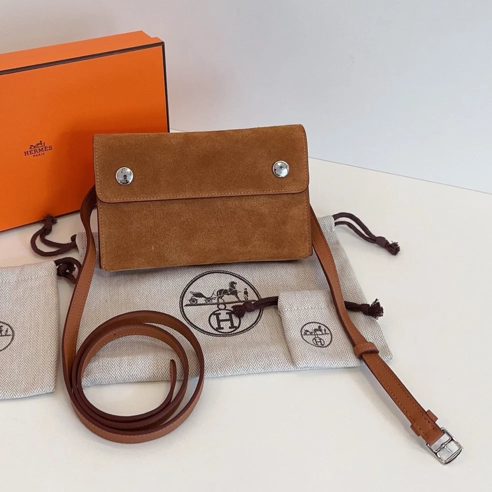 Hermes Snap Wallet Suede Crossbody Brown Silver Used Women Classic