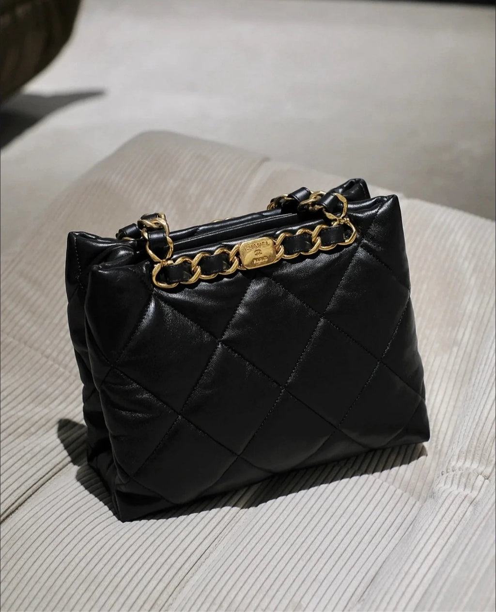 CHANEL Black Gold Puff Small Tote Bag For Women