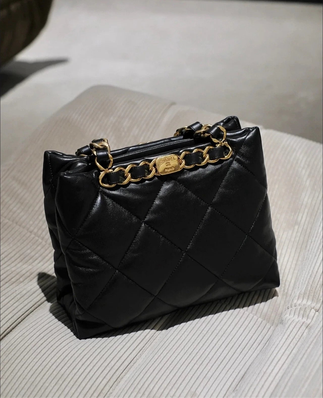 CHANEL Black Gold Puff Small Tote Bag For Women