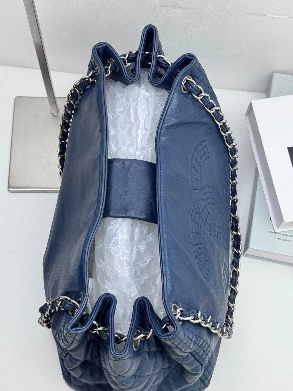 Authentic Chanel CC Logo Silver Chain Blue Tote Shoulder Bag