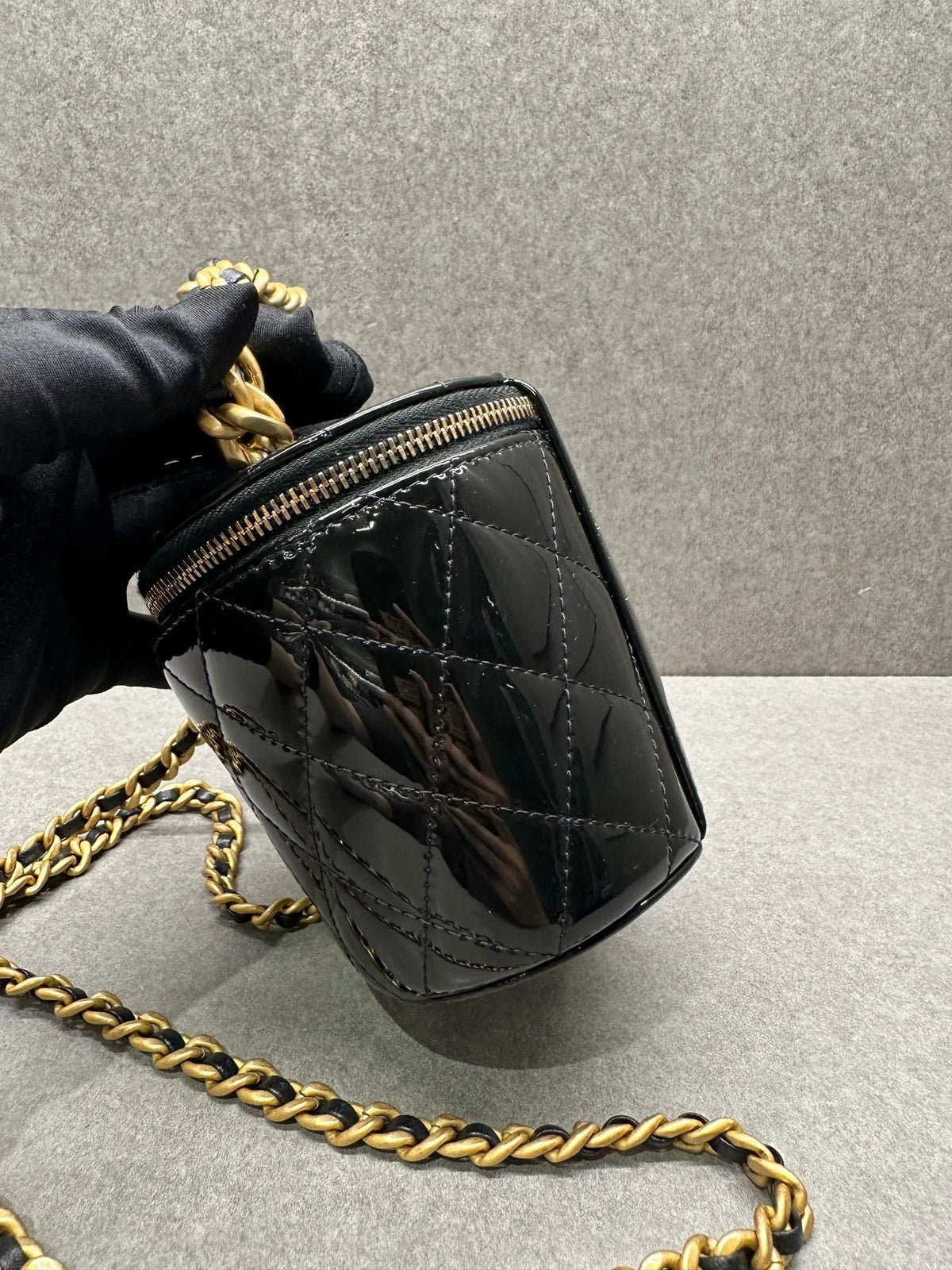 Chanel Black Patent Leather Mini Bucket Cosmetic Bag For Women