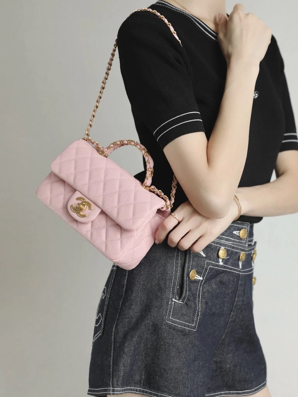 New CHANEL CF Mini Pink Leather Top Handle Shoulder Bag For Women