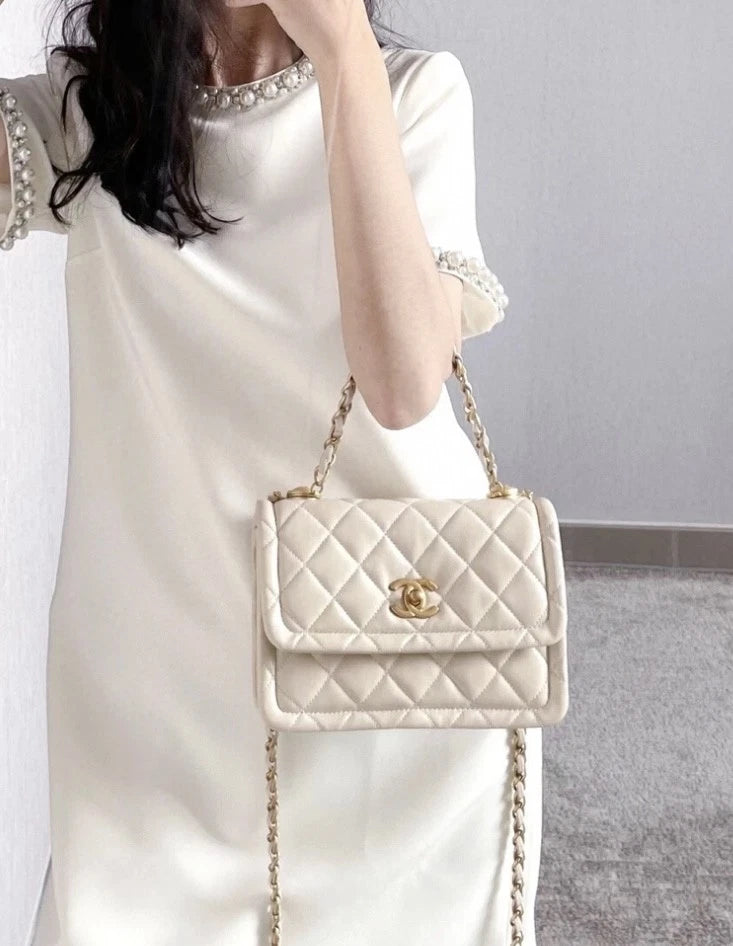 Chanel Light Beige Lambskin Tofu Messenger Crossbody Handbag For Women