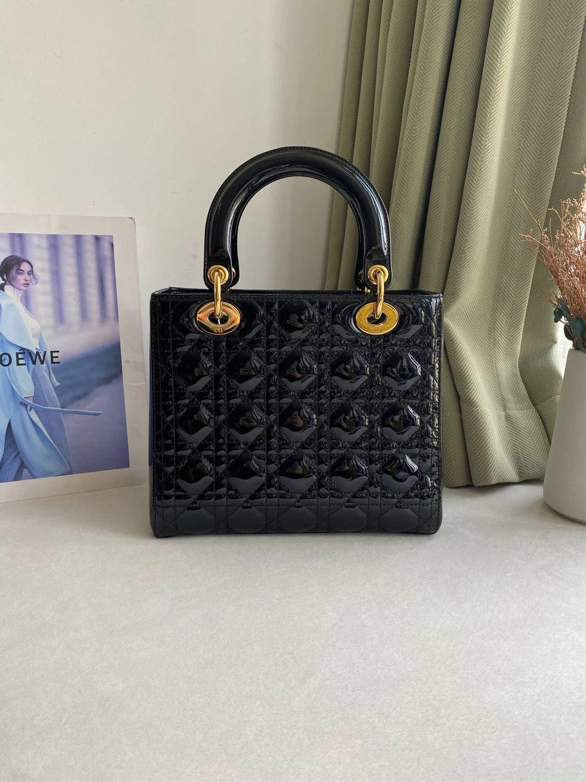 Dior Black Gold Patent Leather Lady Dior Handbag Shoulder Bag For Women