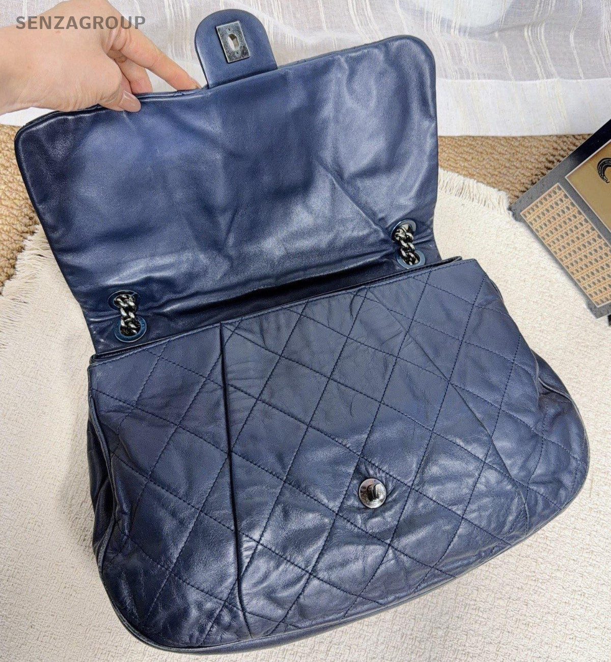Chanel Classic Flap Chain Shoulder Bag Crossbody Blue Silver Women Diamond
