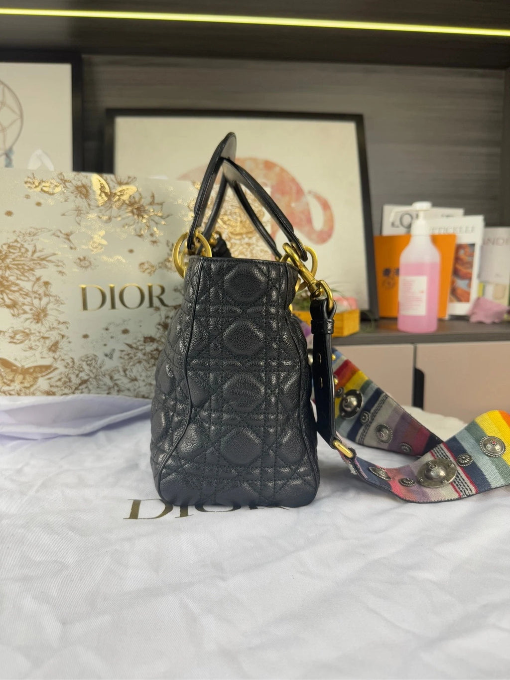 Dior Black Gold Waxed Leather 5-Grid Lady Dior Bag For Women