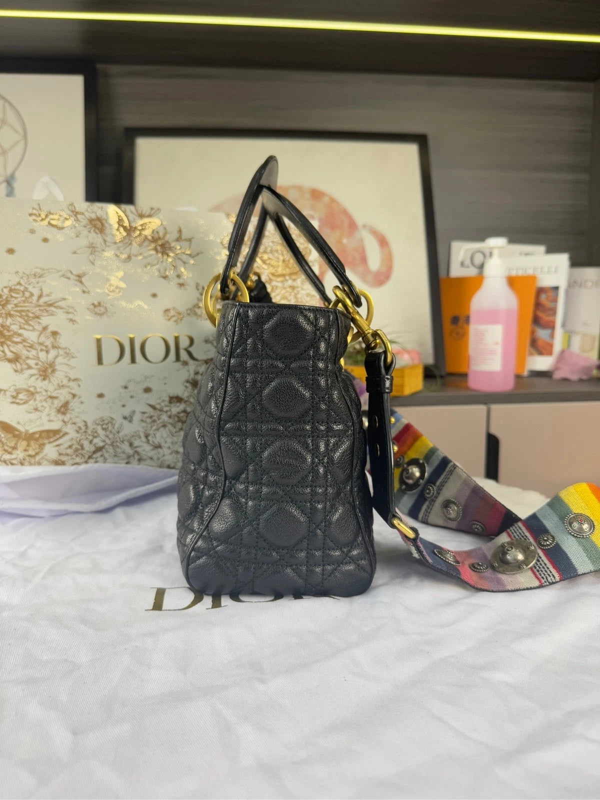 Dior Black Gold Waxed Leather 5-Grid Lady Dior Bag For Women