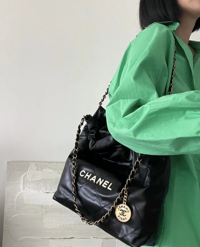 CHANEL Calfskin 22Bag Black Gold Small Tote Shoulder Bag For Women