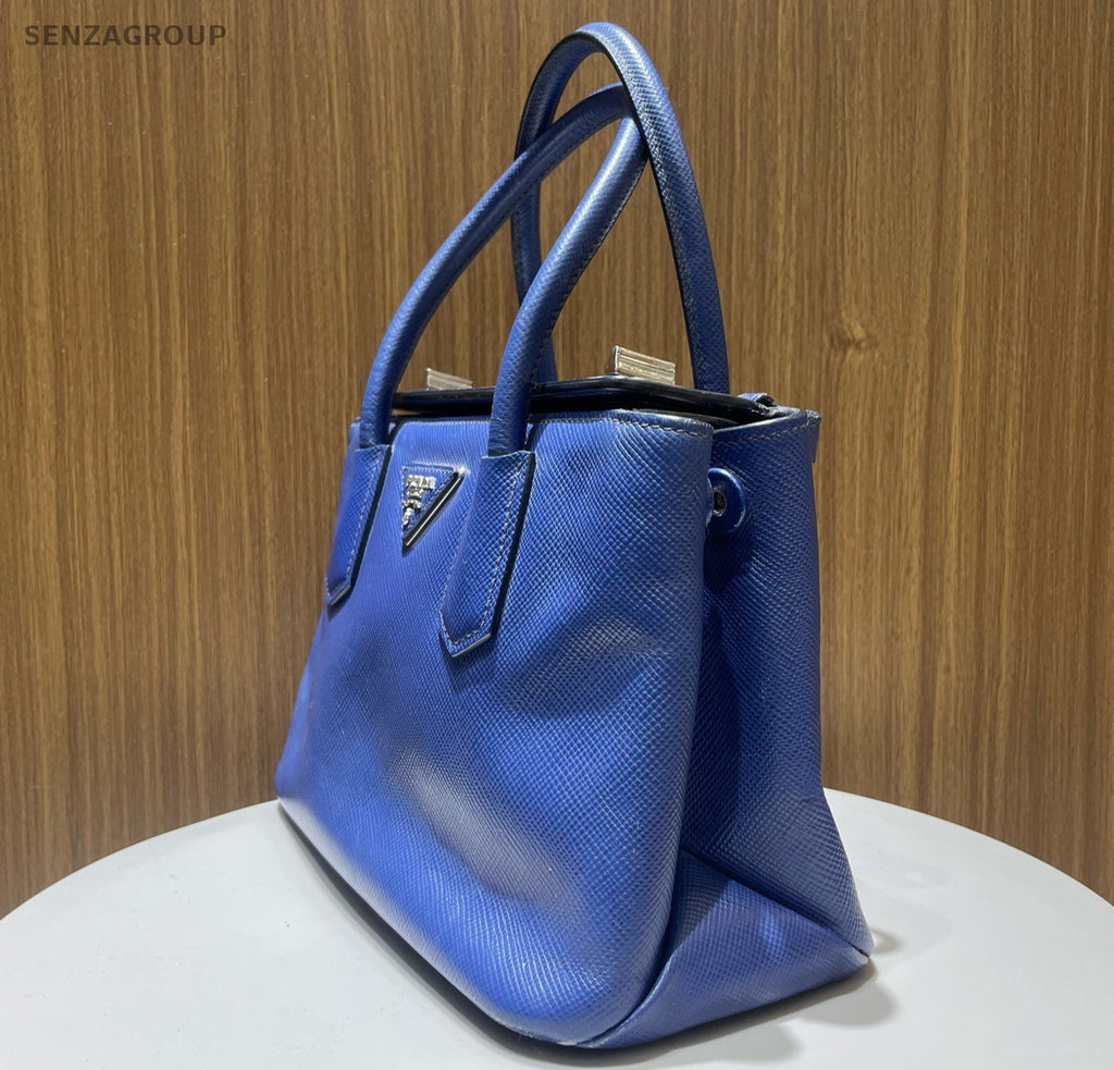 Prada Galleria PM Top Handle Bag Crossbody Blue Silver Women Classic