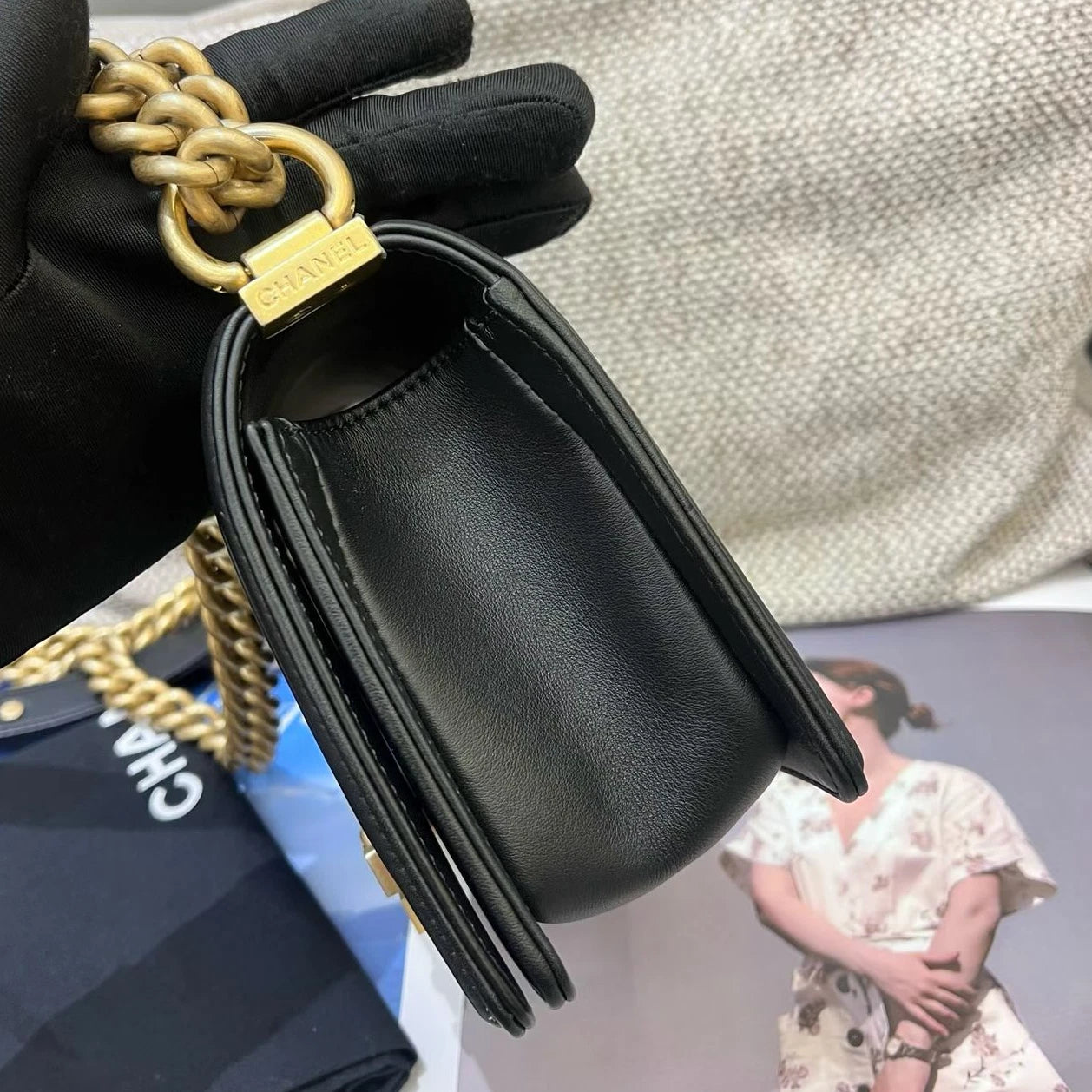 Chanel Leboy PM Calfskin Chain Shoulder Crossbody Black Gold Women Classic