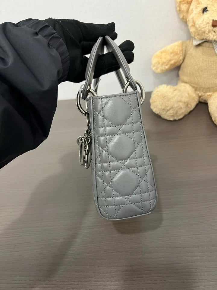 Dior Gray Leather Lady Dior Top Handle Shoulder Bag For Women