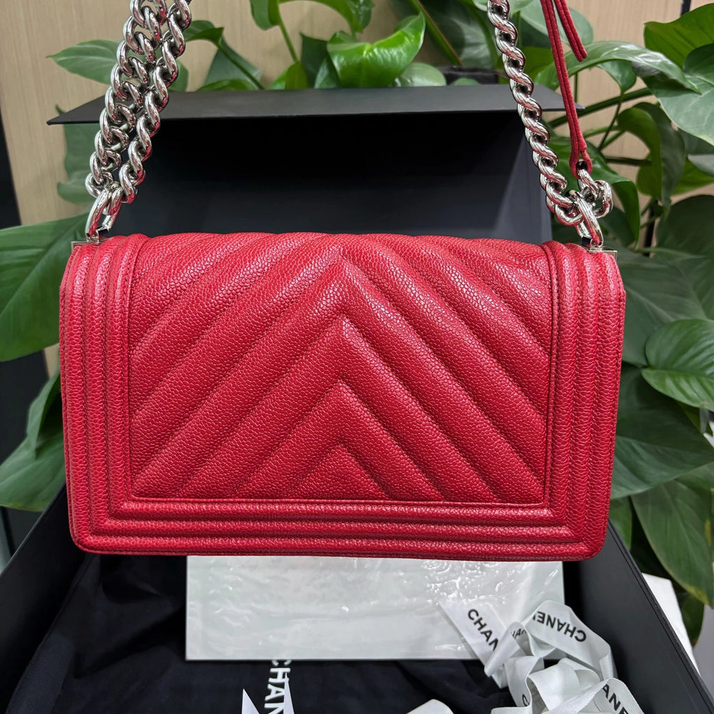 Chanel Leboy MM Calfskin Chain Shoulder Bag Crossbody Red Silver Women Classic