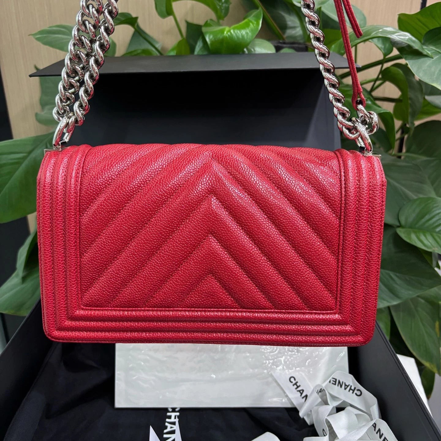 Chanel Leboy MM Calfskin Chain Shoulder Bag Crossbody Red Silver Women Classic