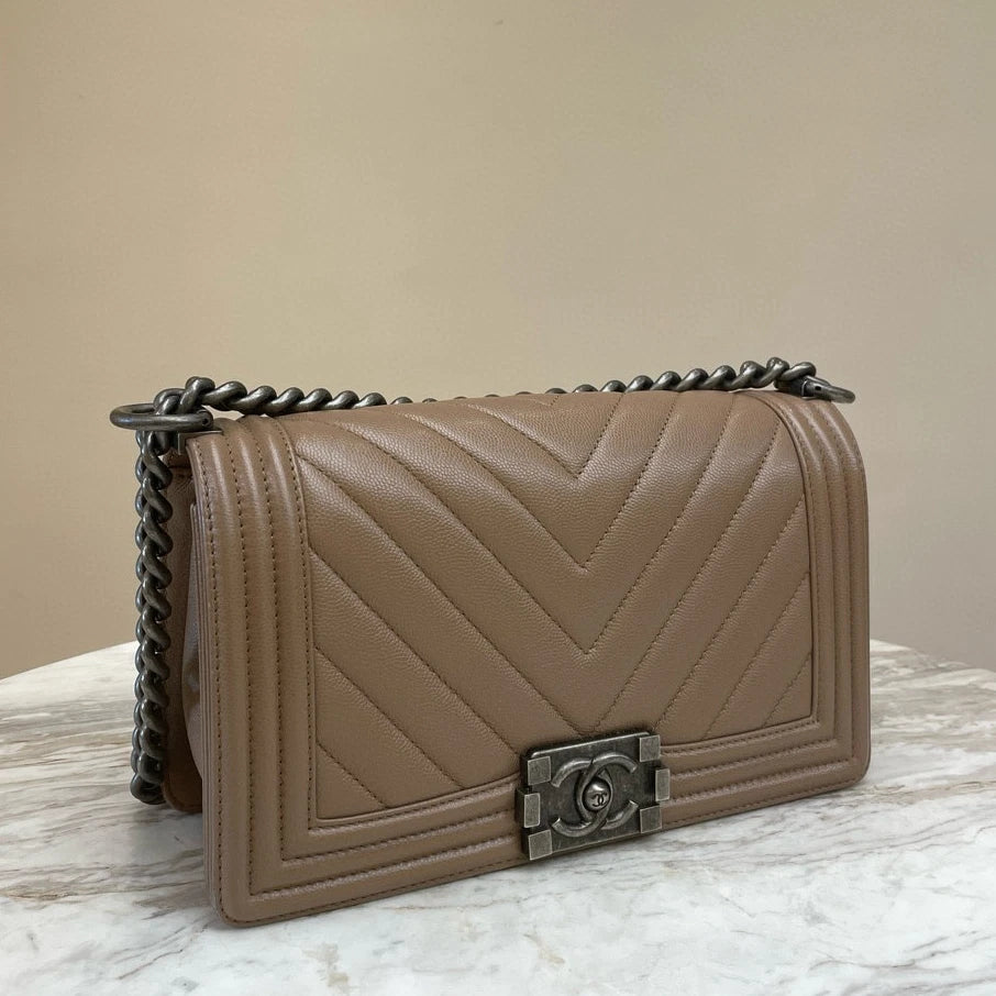 Chanel Le Boy Medium Chain Shoulder Bag Brown Silver Chevron Classic