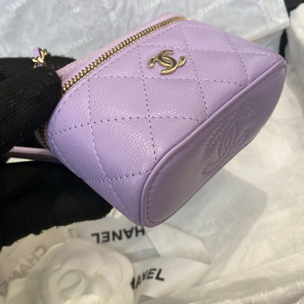 Chanel Vanity Case Chain Top Handle Bag Purple Gold Diamond Women Classic