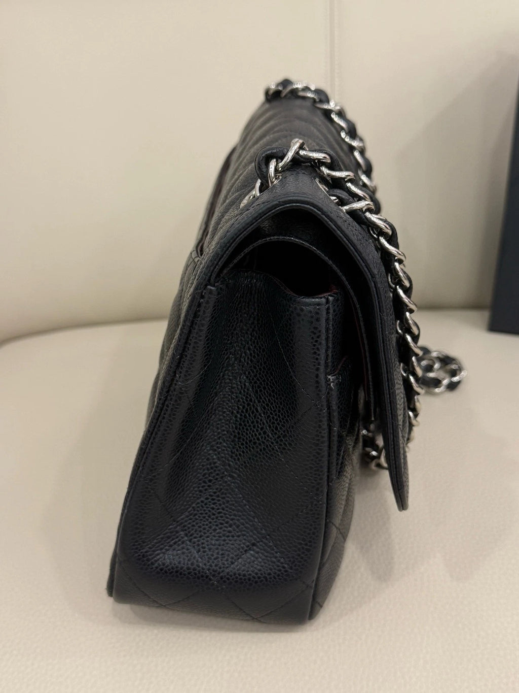 CHANEL CF Maxi Double Flap Black Silver Grained Leather Chain Bag For Women