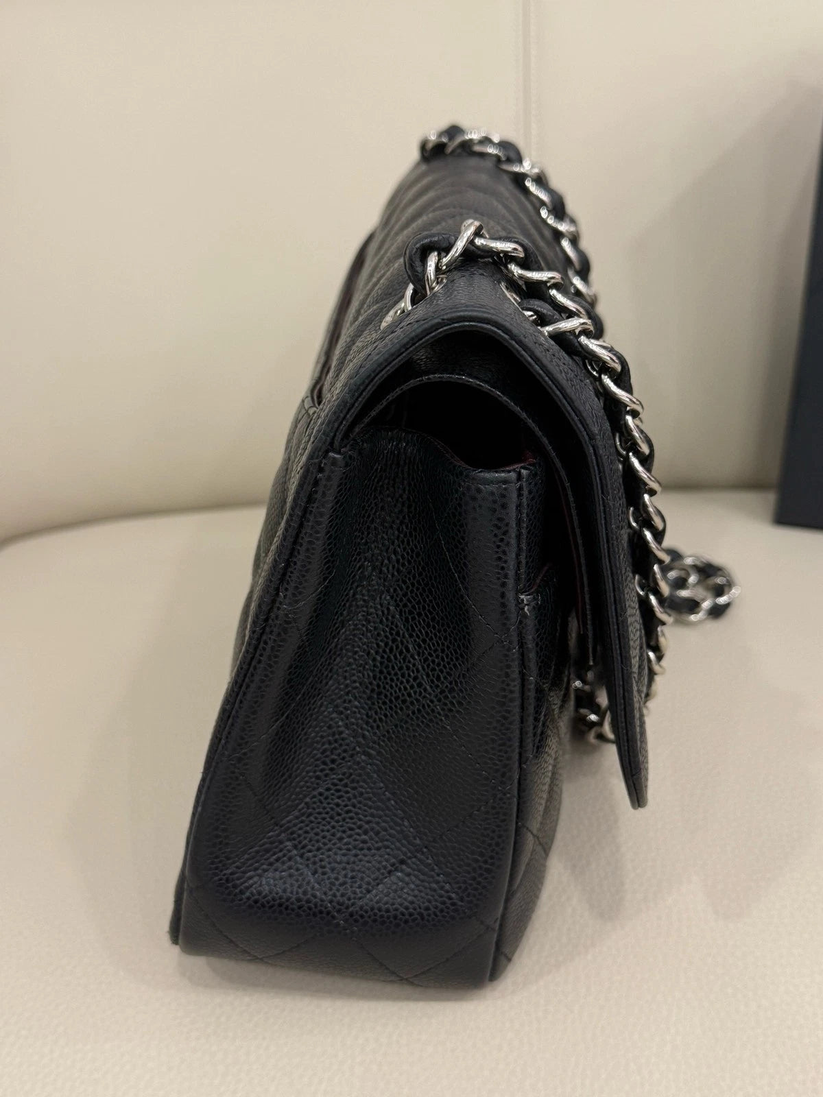 CHANEL CF Maxi Double Flap Black Silver Grained Leather Chain Bag For Women