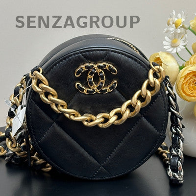 Chanel Black Gold Small Round Quilted Chain Crossbody Bag Classic Fashion