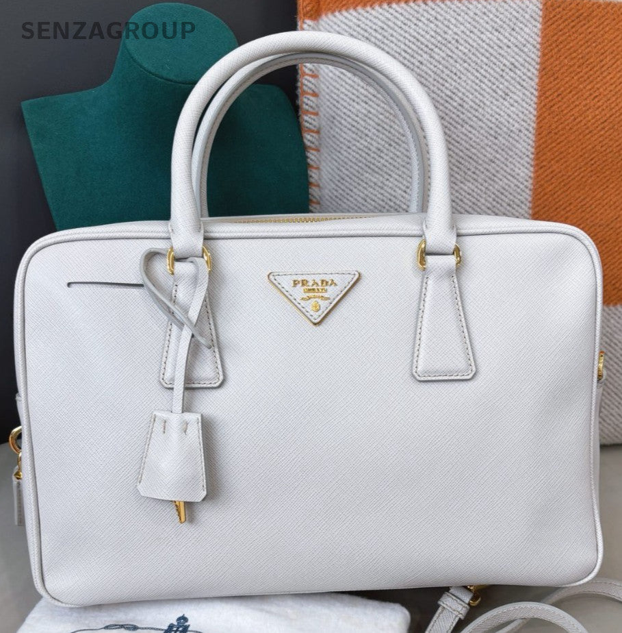 Prada Plum30 Calfskin Top Handle Bag Crossbody White Gold Women Classic