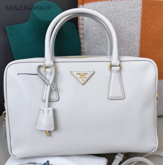 Prada Plum30 Calfskin Top Handle Bag Crossbody White Gold Women Classic