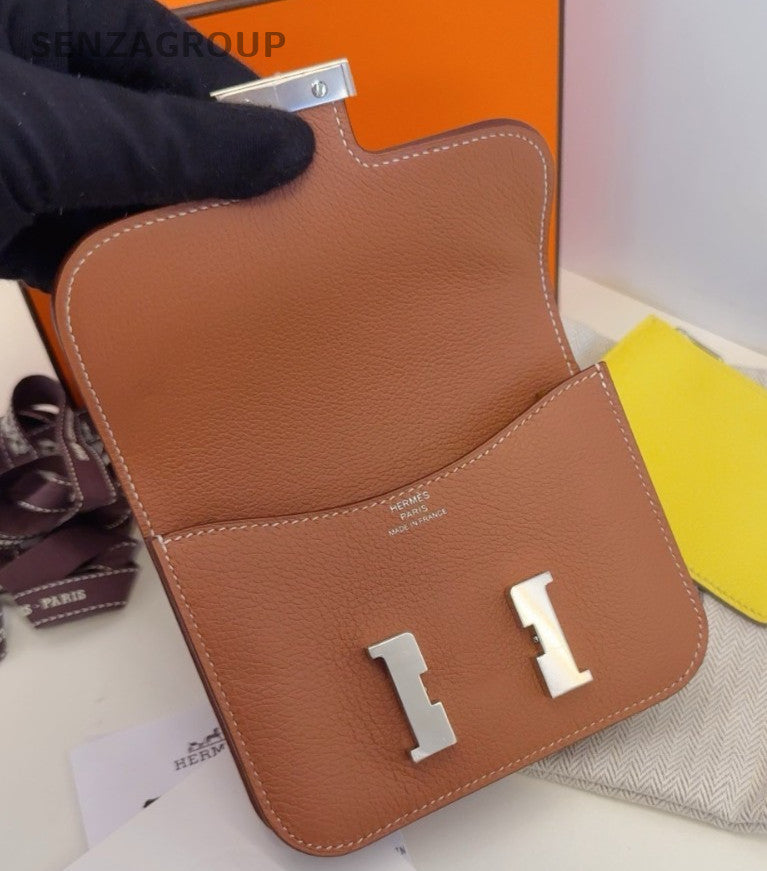 Hermes Constance Slim Wallet Chain Crossbody Brown Silver Women Designer Classic