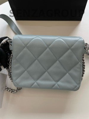 Chanel 22P Waterfall Chain Shoulder Bag Blue Silver Quilted