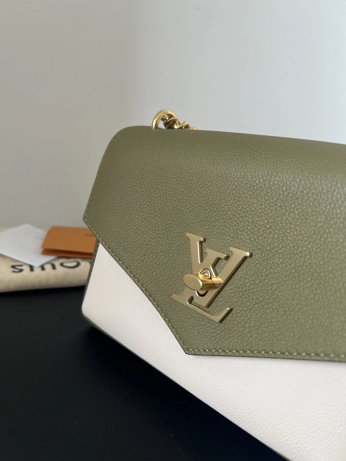 Louis Vuitton Lock Me Chain Shoulder Crossbody Bag Green Gold Hardware Women