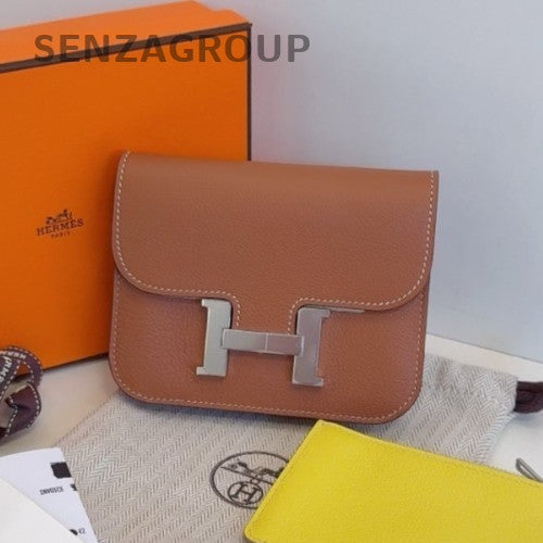 Hermes Constance Slim Wallet Chain Crossbody Brown Silver Women Designer Classic
