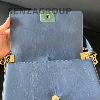 Chanel Le Boy MM Blue Gold Quilted Chain Shoulder Bag - Classic & Stylish