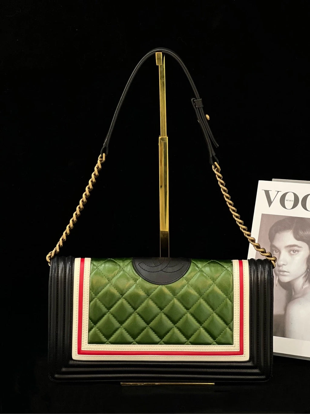 Chanel Leboy Chain Shoulder Bag Crossbody Green Black Gold Women Classic