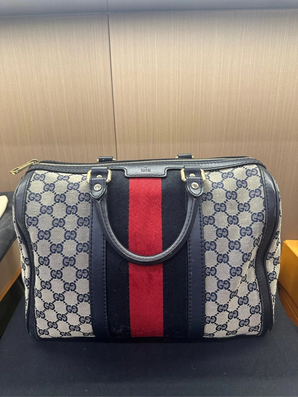Gucci Blue Leather Canvas Boston Shoulder Crossbody Bag For Women