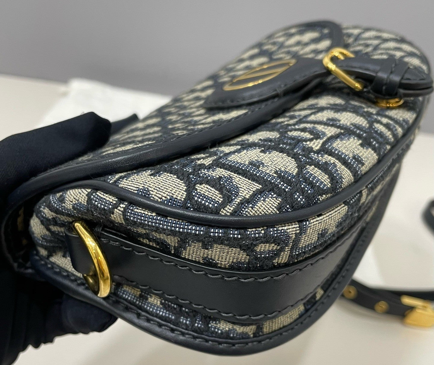 Christian Dior Oblique Bobby Shoulder Bag Black Gold Women Classic Fashion