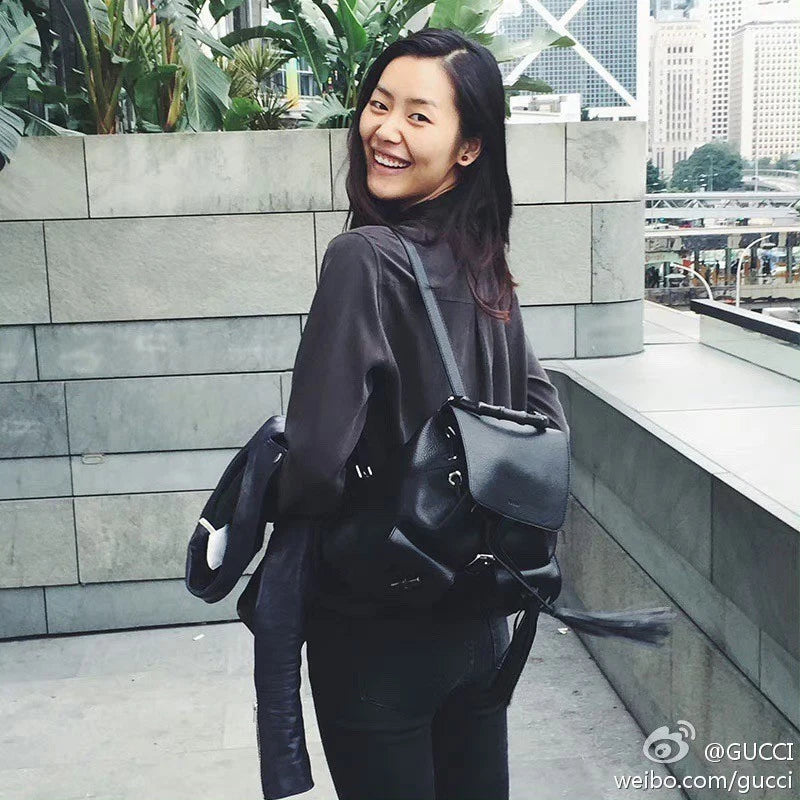 Gucci Tassel Bamboo Black Backpack Silver Hardware Women Fashion