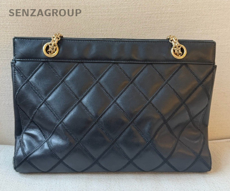 Chanel Diamond Tote Chain Shoulder Bag Black Gold Women Classic Vintage