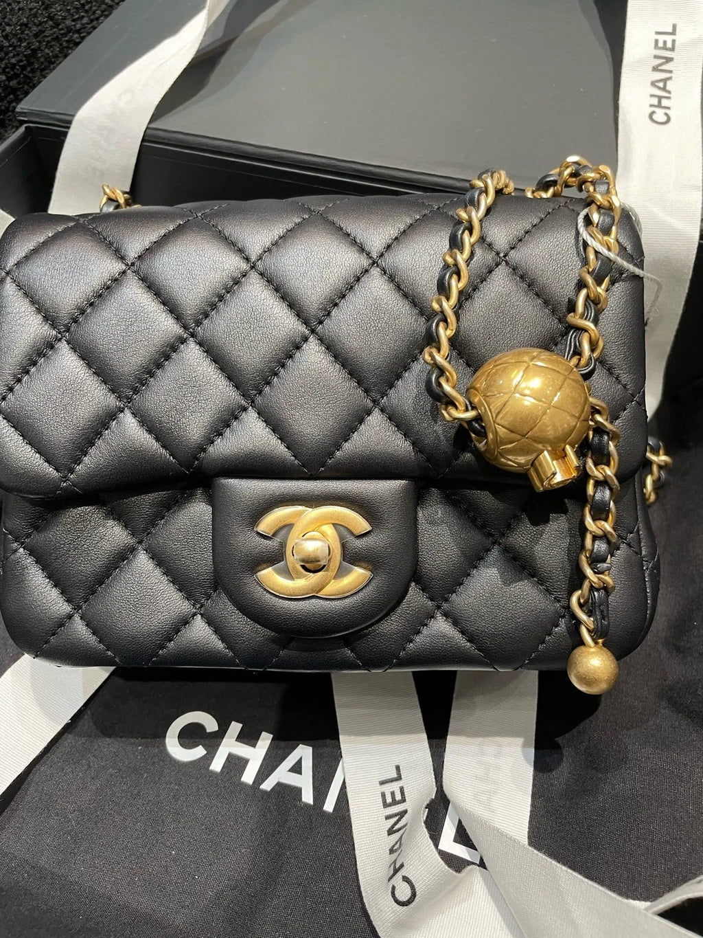 CHANEL New Leather Black Gold Square Mini Crossbody Bag For Women