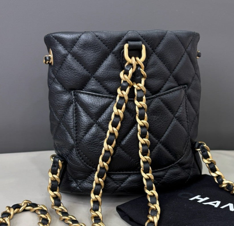 Chanel Calfskin Chain Backpack Black Gold Women Diamond Classic Fashion