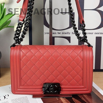 Chanel Le Boy Medium Quilted Chain Shoulder Bag Red Black Hardware