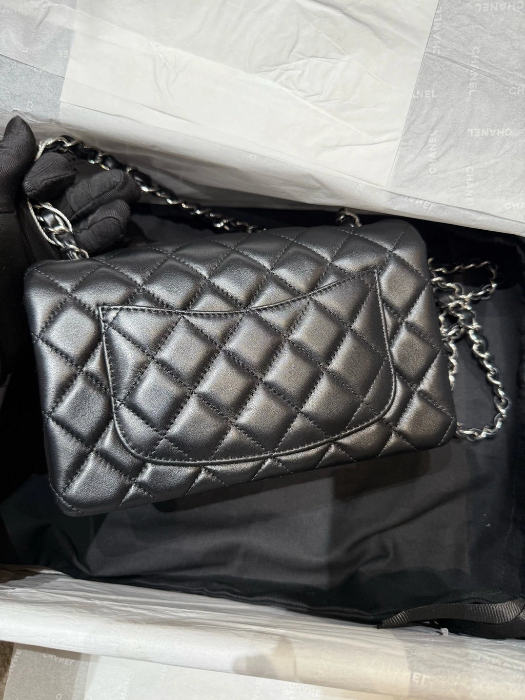 CHANEL Large Mini Lamskin Black Silver Crossbody Bag For Women