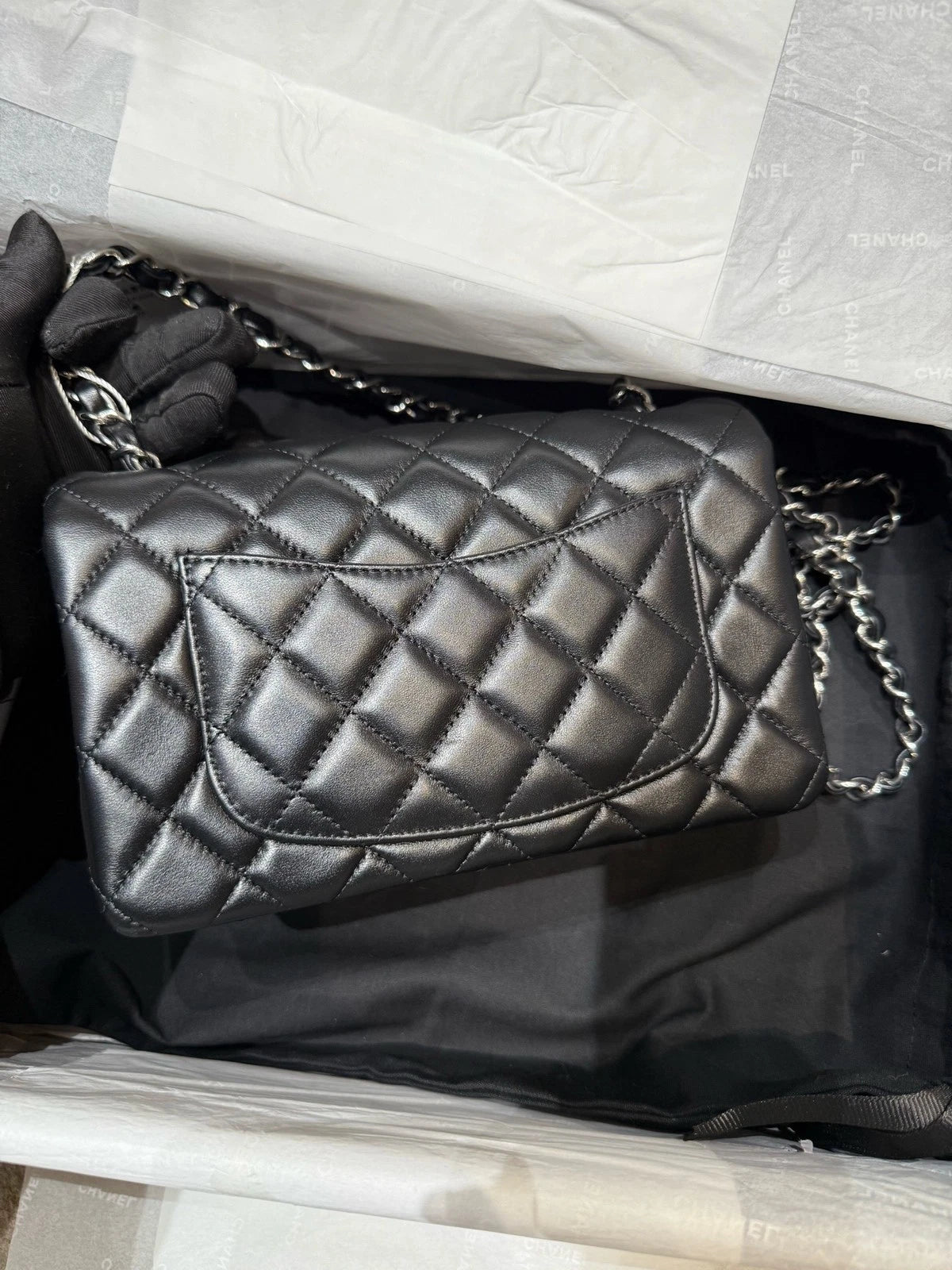 CHANEL Large Mini Lamskin Black Silver Crossbody Bag For Women
