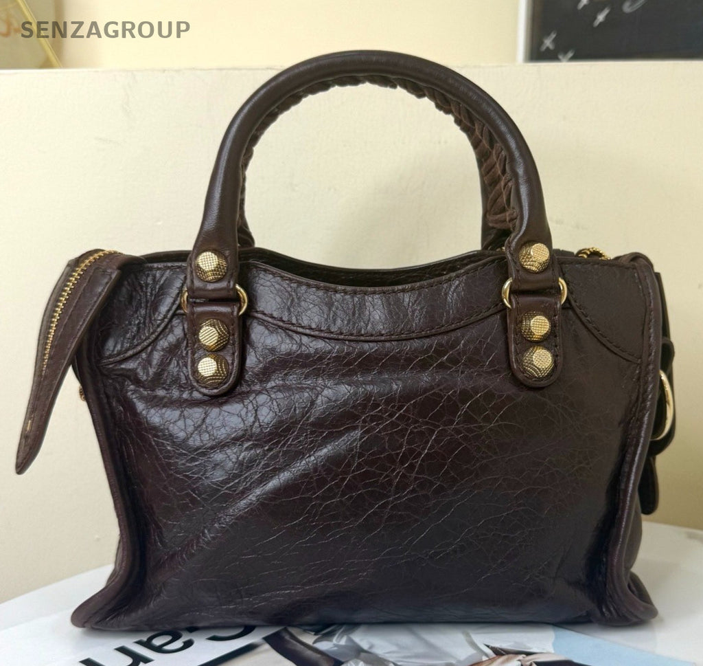 Balenciaga Mini 2Way Top Handle Bag Crossbody Brown Gold Women Classic