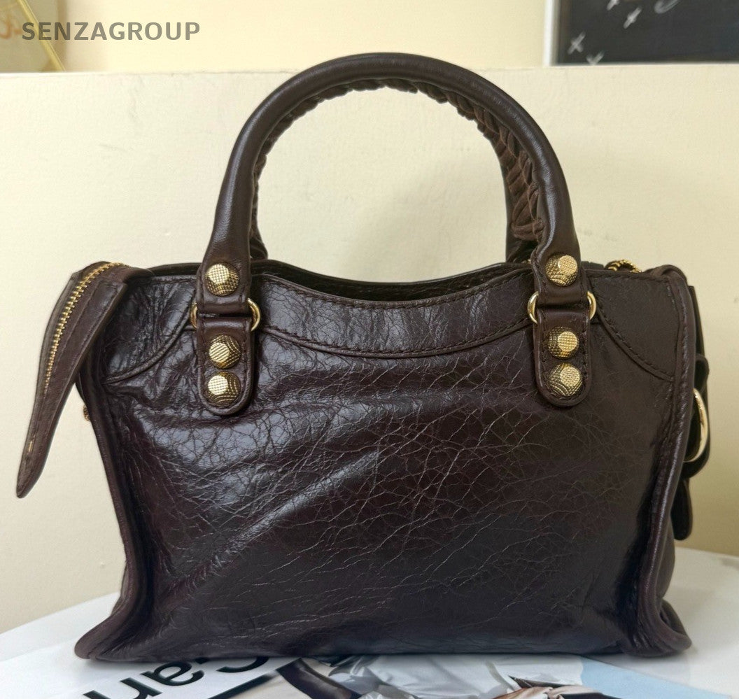 Balenciaga Mini 2Way Top Handle Bag Crossbody Brown Gold Women Classic