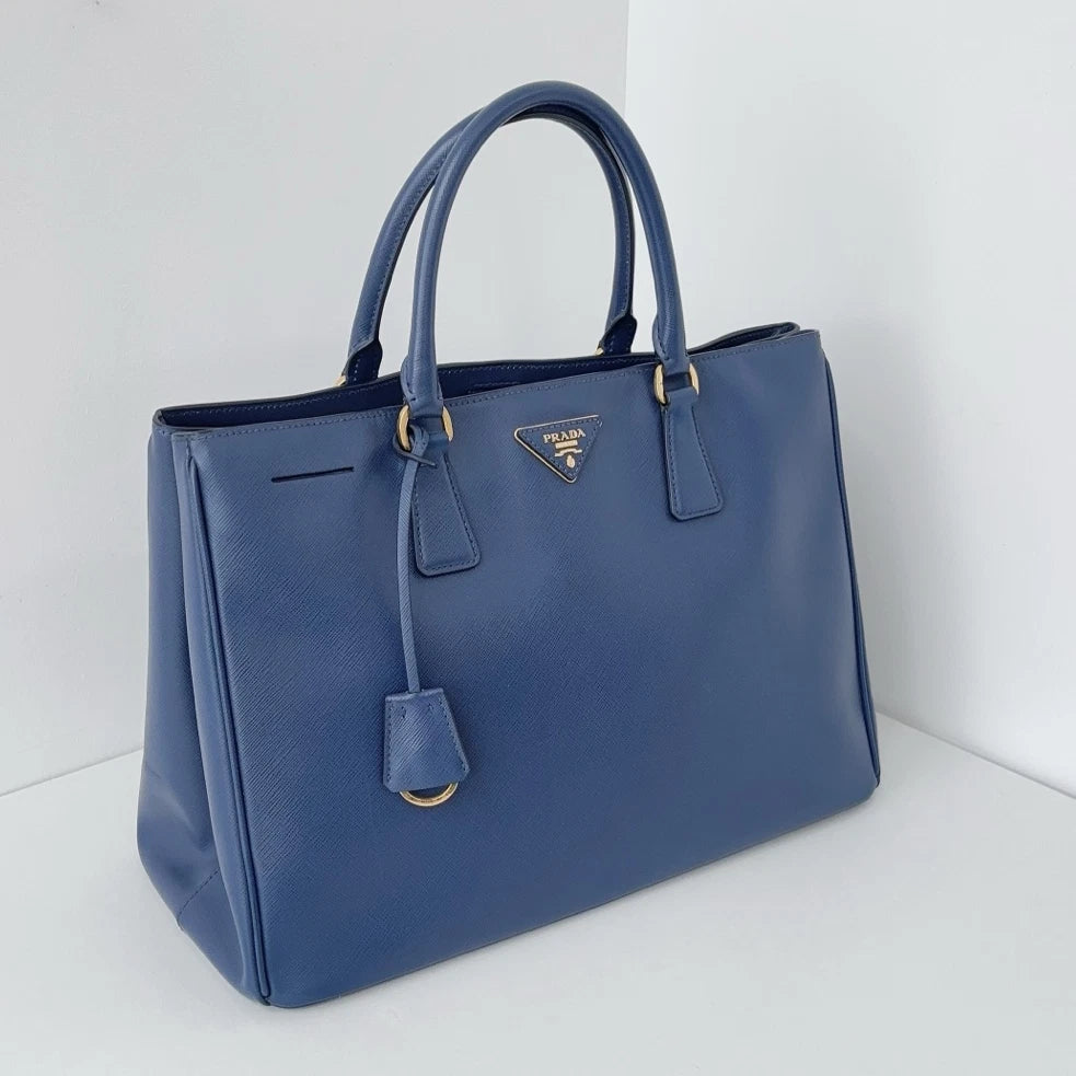 Authentic Prada Galleria Calfskin GM Blue Tote Handbag Gold Hardware