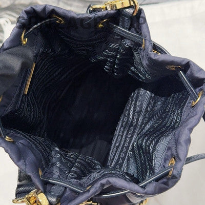 Prada Duet Re-Nylon Mini Bucket Bag Blue Gold Chain Shoulder Bag