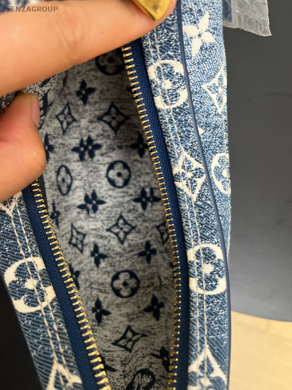 Louis Vuitton Denim Monogram Chain Shoulder Bag Blue Gold Women
