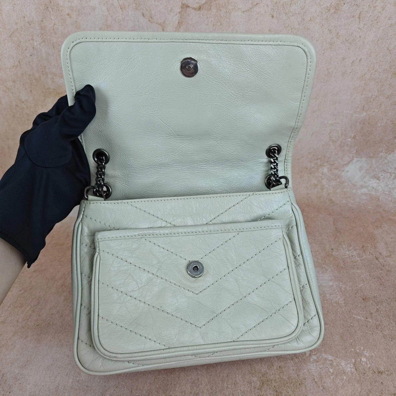 YSL Niki Small White Wax Leather Shoulder Crossbody Bag For Women