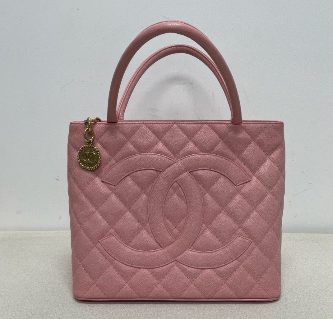 Chanel Hilton Tote Top Handle Bag Pink Gold Diamond Women Classic Vintage