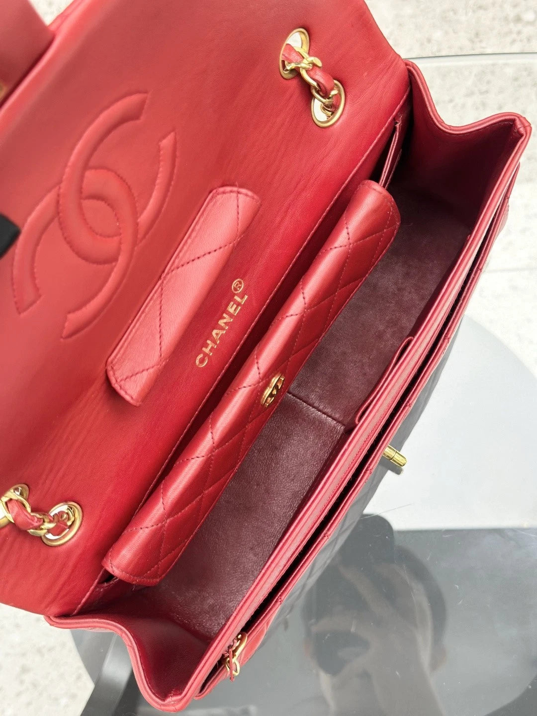 Chanel Vintage Classic Flap Chain Lambskin Shoulder Bag Red Gold Women S